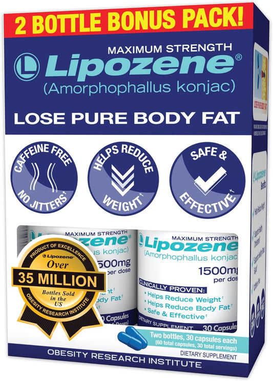 Lipozene Weight Loss Supplement Diet Pills - Two Bottles of 60 Capsules - Appetite Suppressant & Control
