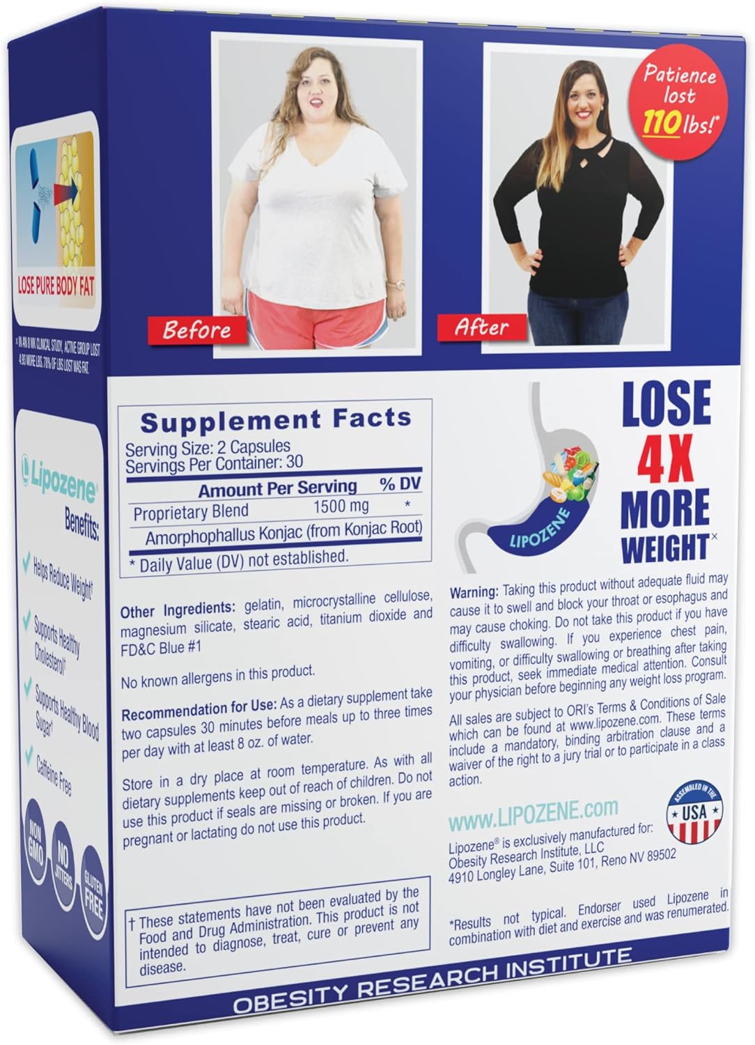 Lipozene Weight Loss Supplement Diet Pills - Two Bottles of 60 Capsules - Appetite Suppressant & Control