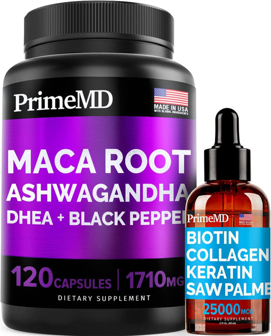 Liquid Biotin Collagen Keratin Drops & Maca Root Ashwagandha Bundle - Hair, Skin, Nails, Energy Support Supplement