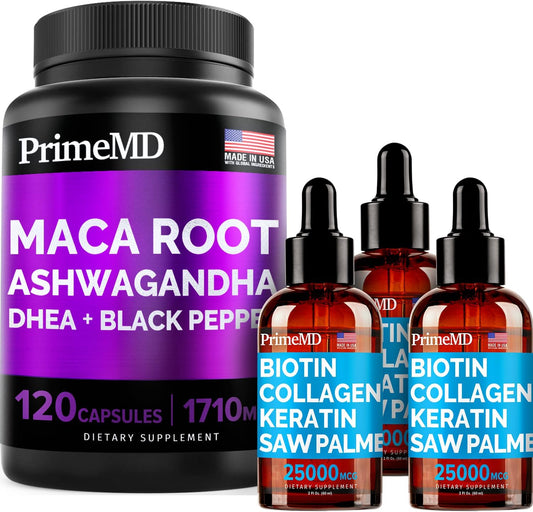 Liquid Biotin Collagen Keratin Saw Palmetto Drops & Maca Root Ashwagandha Bundle - Hair, Skin, Nails, Energy & Mood Support - PrimeMD 4-in-1 (2 fl oz - 3 Pack) & 6-in-1 (120ct)