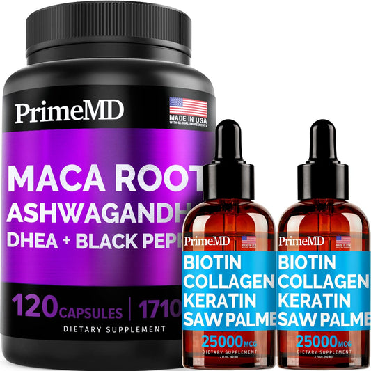 Liquid Biotin Collagen Keratin Saw Palmetto Drops + Maca Root Ashwagandha Bundle - Hair, Skin, Nails, Energy & Mood Support Supplement (2oz - 2 Pack + 120ct)