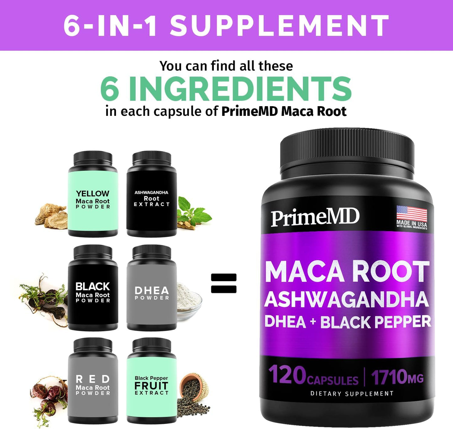 Liquid Biotin Collagen Keratin Saw Palmetto Drops & Maca Root Ashwagandha Bundle - Hair, Skin, Nails, Energy & Mood Support - PrimeMD 4-in-1 (2 fl oz - 3 Pack) & 6-in-1 (120ct)