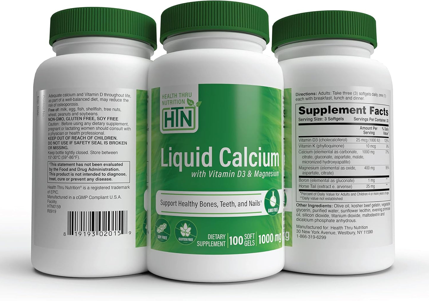 Liquid Calcium 1000mg with Magnesium, Vitamin D3, and Boron for Bone Health | Calcium Complex Supplement for Bone Strength | 3rd Party Tested | Non-GMO, Gluten Free | 100 Pack