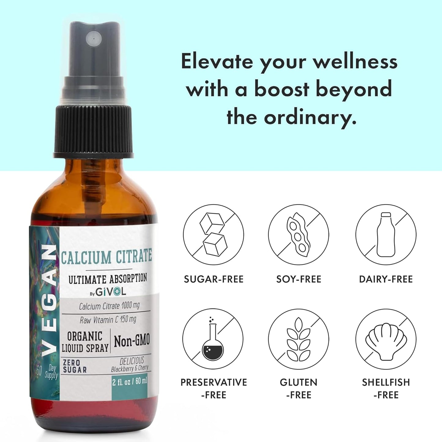 Liquid Calcium Citrate & Vitamin C Spray Mist for Better Absorption, Wild Cherry & BlackBerry Flavor, 1000mg Calcium & 150mg Vitamin C, Non-GMO, Gluten Free, Sugar-Free - 2oz