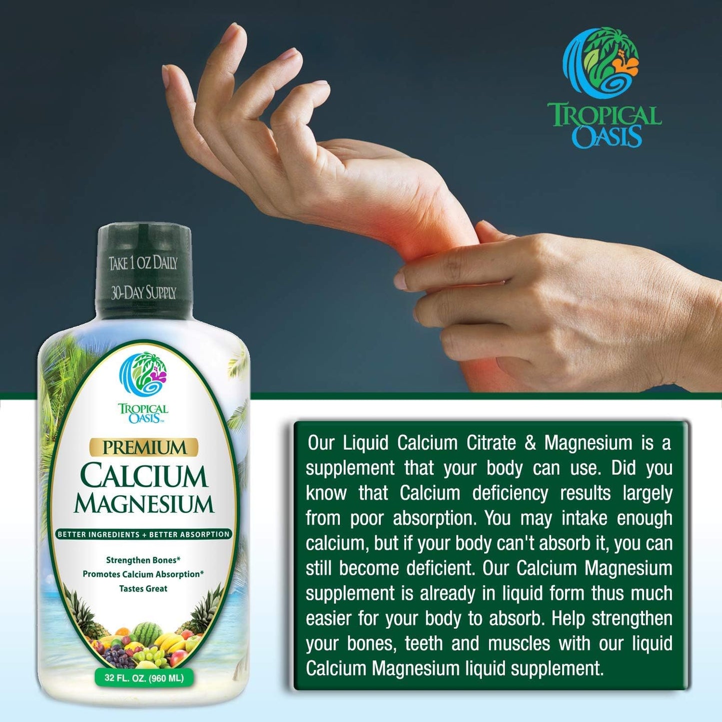 Liquid Calcium Magnesium Citrate Supplement for Strong Bones - Natural Formula with Vitamin D3 - High Absorption Rate - 32oz Bottle