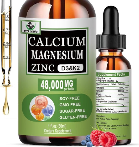 Liquid Calcium Magnesium Zinc Drops with Vitamin D3 & K2 for Bone Health - High Absorption Magnesium Glycinate Supplement