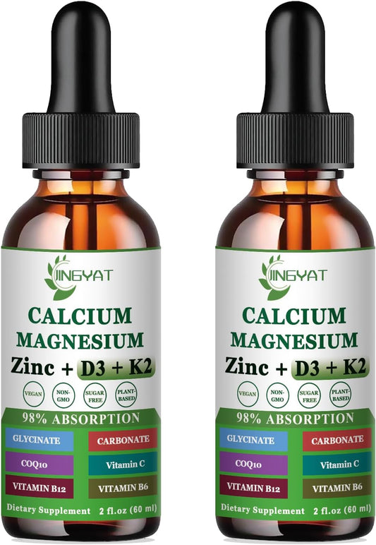 Liquid Calcium Magnesium Zinc Drops with Vitamin D3, K2, B6, B12, Coq10 - 2 Pack, Highly Absorbable Liquid Magnesium Glycinate - 6X Stronger Than Gummies & Capsules