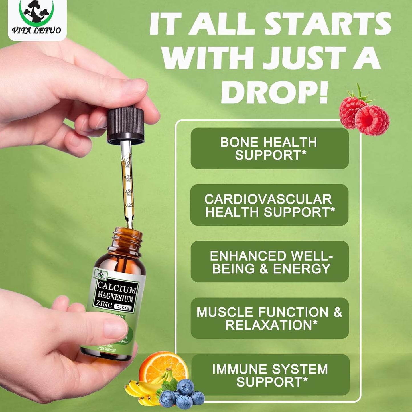 Liquid Calcium Magnesium Zinc Drops with Vitamin D3 & K2 for Bone Health - High Absorption Magnesium Glycinate Supplement