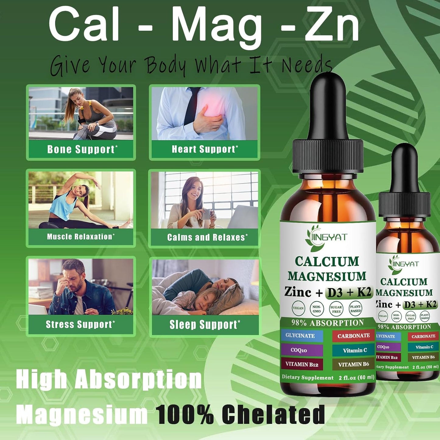 Liquid Calcium Magnesium Zinc Drops with Vitamin D3, K2, B6, B12, Coq10 - 2 Pack, Highly Absorbable Liquid Magnesium Glycinate - 6X Stronger Than Gummies & Capsules