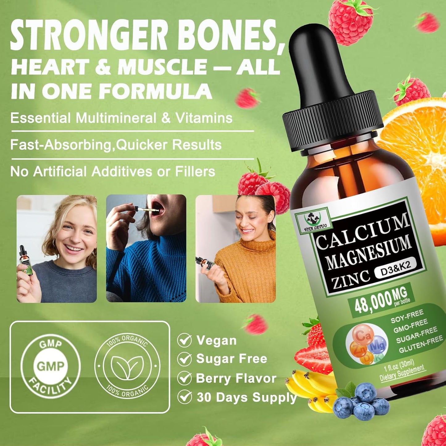 Liquid Calcium Magnesium Zinc Drops with Vitamin D3 & K2 for Bone Health - High Absorption Magnesium Glycinate Supplement