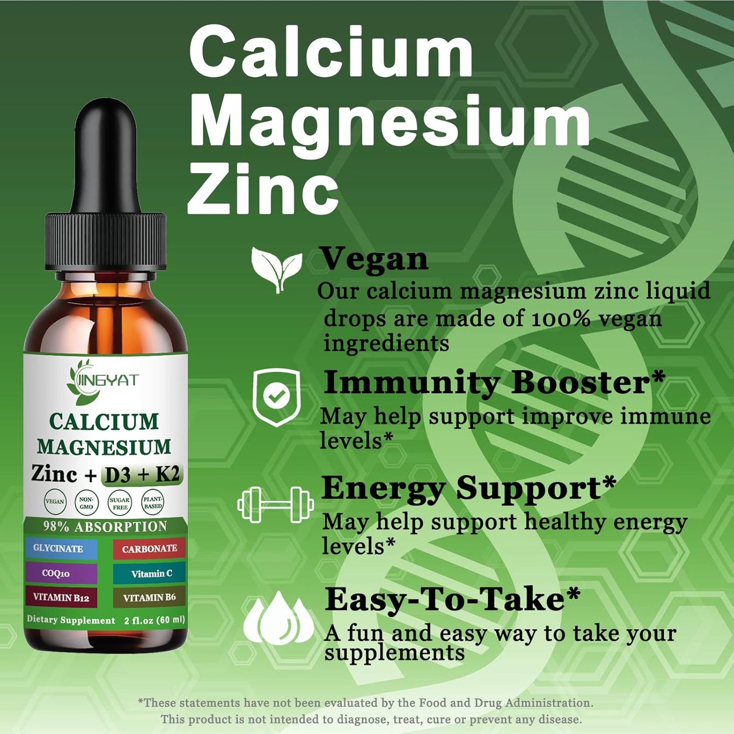 Liquid Calcium Magnesium Zinc Drops with Vitamin D3, K2, B6, B12, Coq10 - 2 Pack, Highly Absorbable Liquid Magnesium Glycinate - 6X Stronger Than Gummies & Capsules
