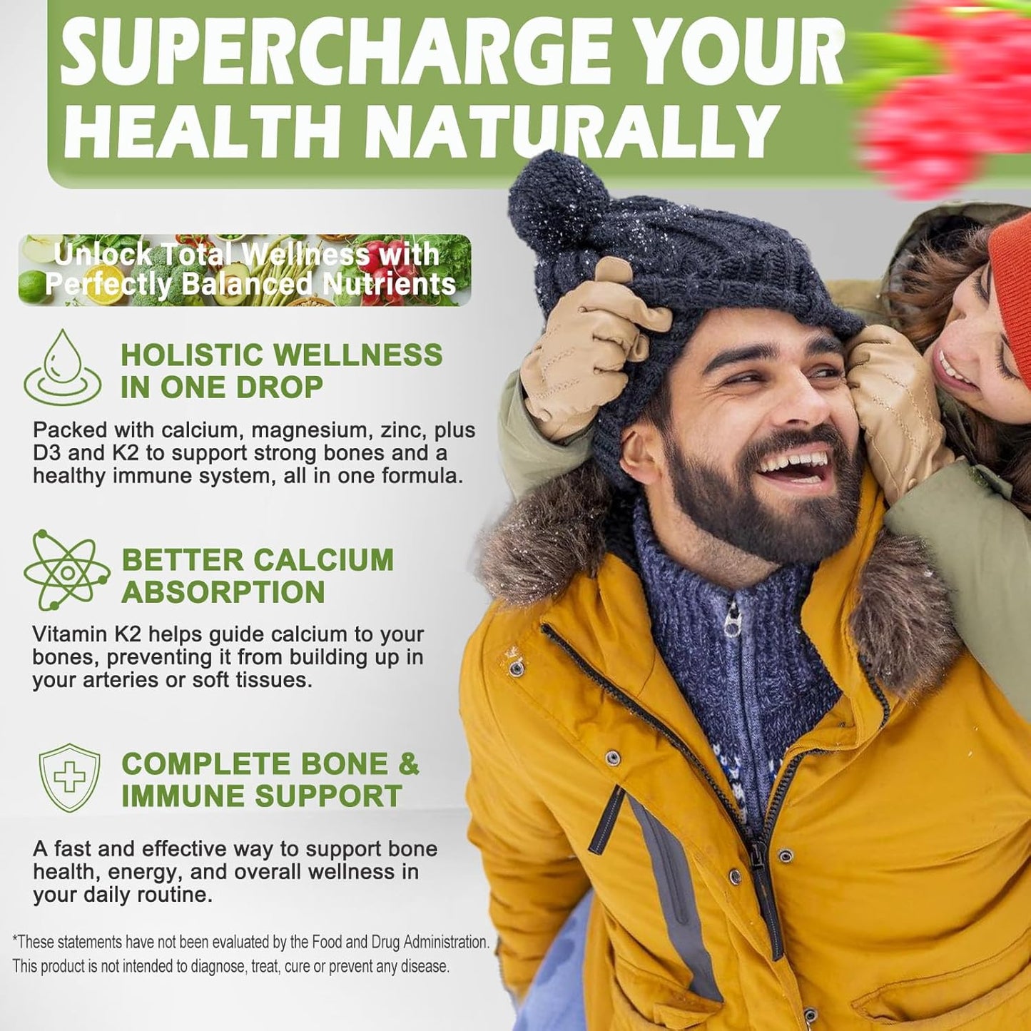 Liquid Calcium Magnesium Zinc Drops with Vitamin D3 & K2 for Bone Health - High Absorption Magnesium Glycinate Supplement