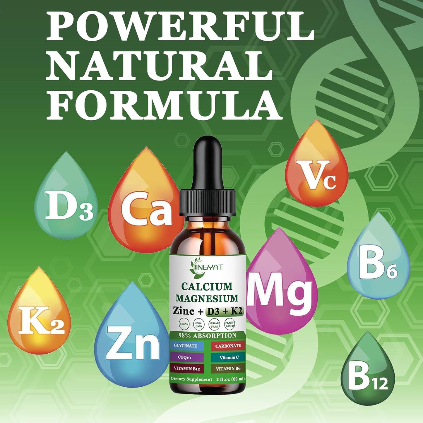 Liquid Calcium Magnesium Zinc Drops with Vitamin D3, K2, B6, B12, Coq10 - 2 Pack, Highly Absorbable Liquid Magnesium Glycinate - 6X Stronger Than Gummies & Capsules