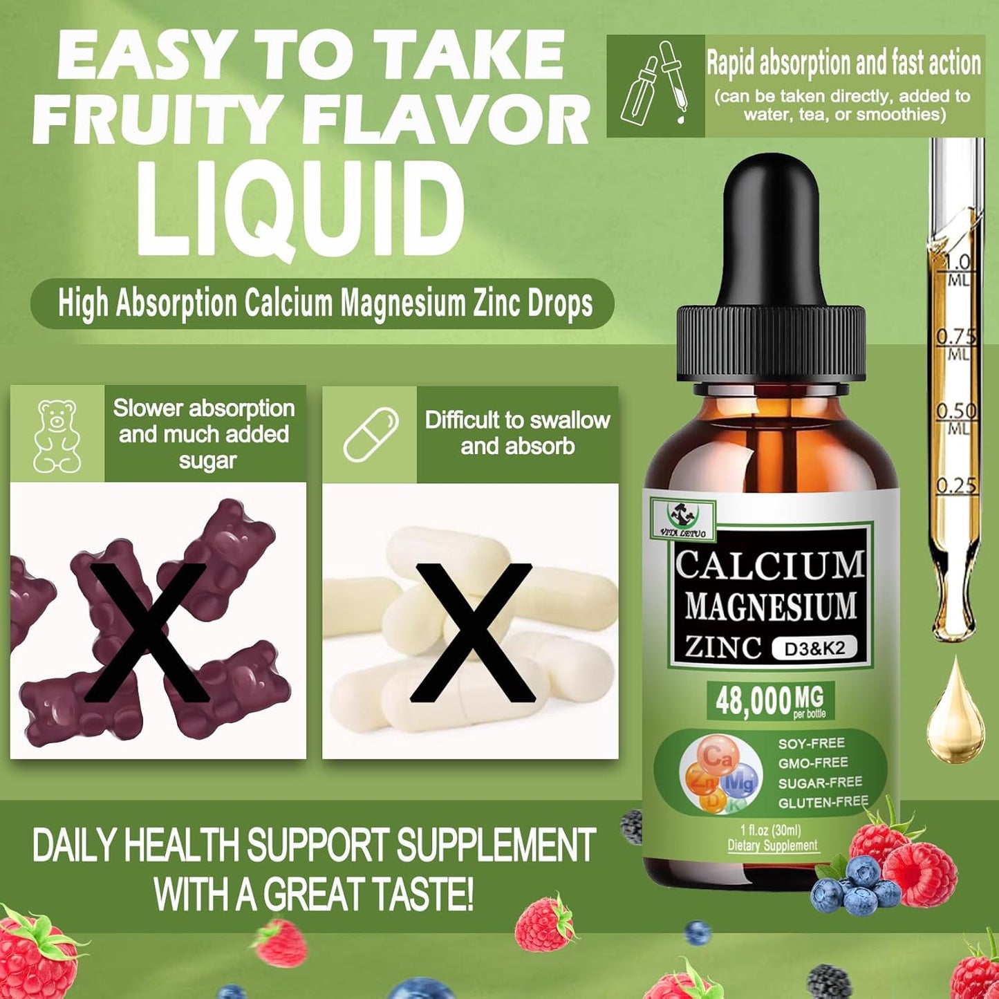 Liquid Calcium Magnesium Zinc Drops with Vitamin D3 & K2 for Bone Health - High Absorption Magnesium Glycinate Supplement