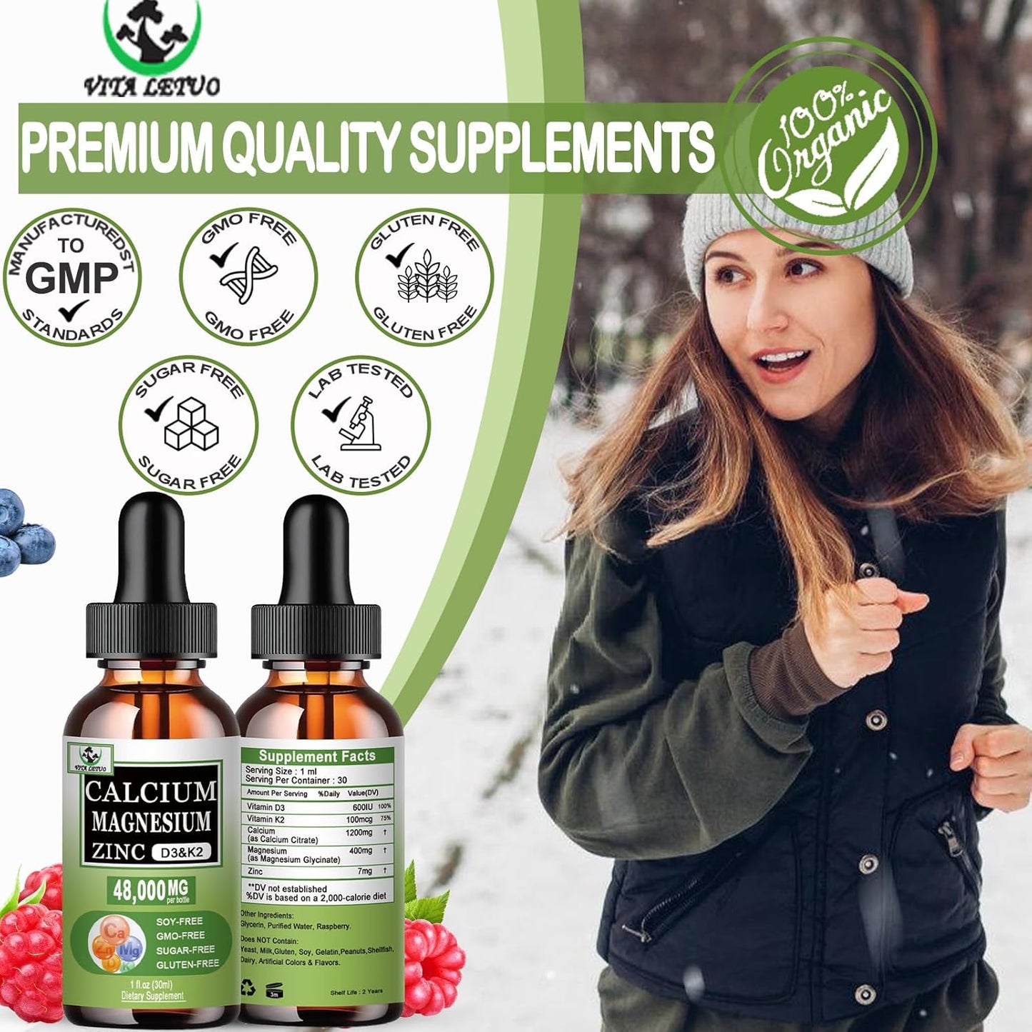 Liquid Calcium Magnesium Zinc Drops with Vitamin D3 & K2 for Bone Health - High Absorption Magnesium Glycinate Supplement
