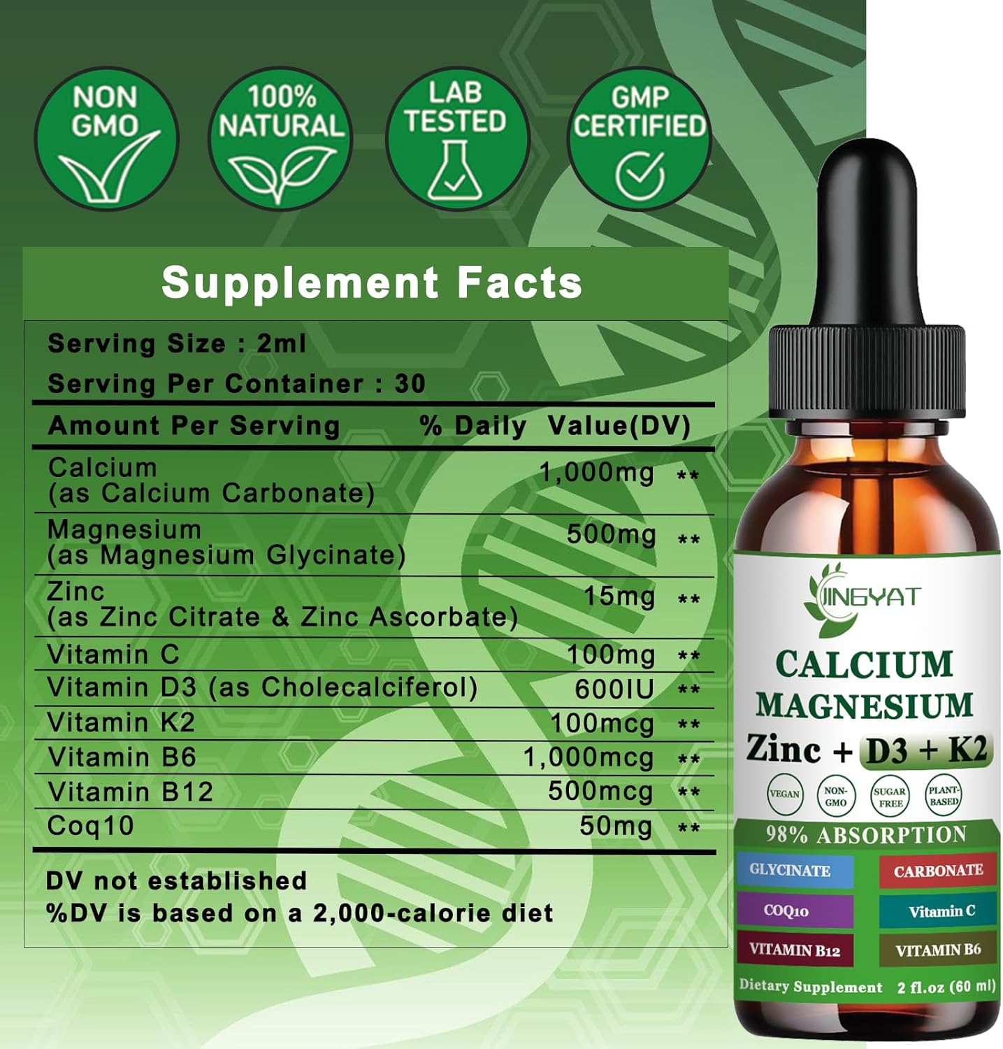 Liquid Calcium Magnesium Zinc Drops with Vitamin D3, K2, B6, B12, Coq10 - 2 Pack, Highly Absorbable Liquid Magnesium Glycinate - 6X Stronger Than Gummies & Capsules