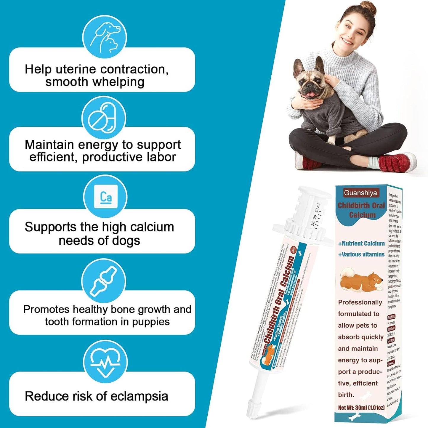 Liquid Calcium Supplement for Dogs - Fast Absorbing Oral Calcium for Whelping and Nursing - Supports Efficient Labor and Calcium Deficiency - 30 cc