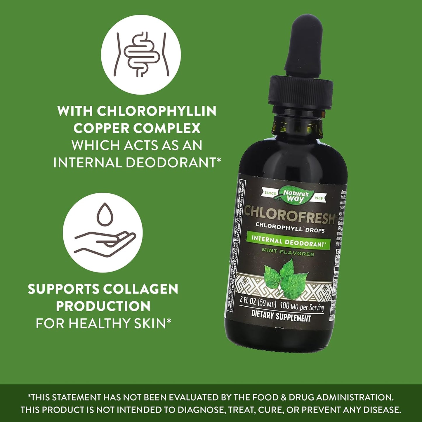 Liquid Chlorophyll Drops by Nature's Way, 2 Fl. Oz., Mint Flavored, Internal Deodorant, Supports Detox, Chlorofresh Concentrate