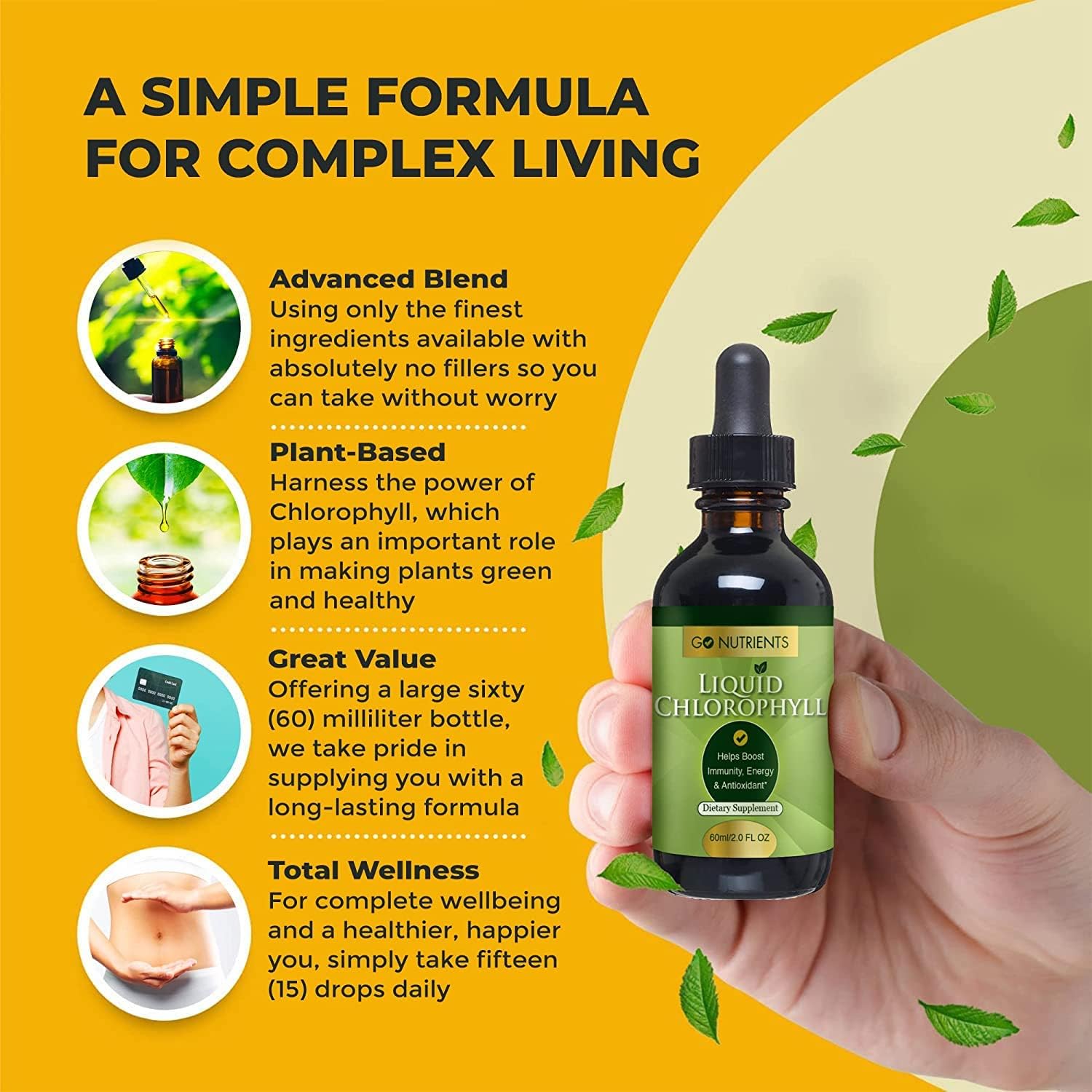 Liquid Chlorophyll Drops with Immune-Boosting Vitamins - GMO-Free, Vegan, Gluten-Free Formula with Sodium Copper Chlorophyllin