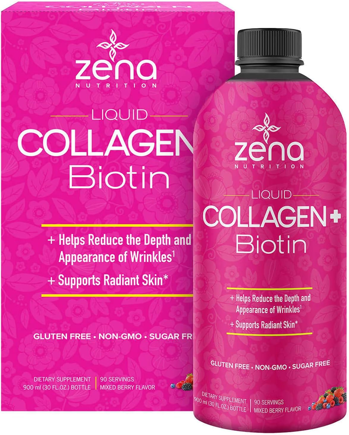 Liquid Collagen and Biotin Supplement for Hair, Skin, Nails, and Joints - 2500mg Collagen, 5000mcg Biotin, Verisol Formula - Non-GMO, Mixed Berry Flavor - 90 Servings