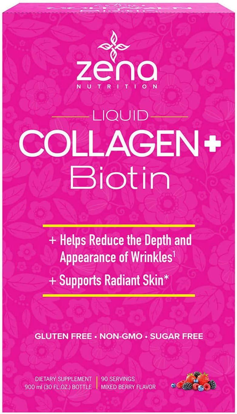 Liquid Collagen and Biotin Supplement for Hair, Skin, Nails, and Joints - 2500mg Collagen, 5000mcg Biotin, Verisol Formula - Non-GMO, Mixed Berry Flavor - 90 Servings