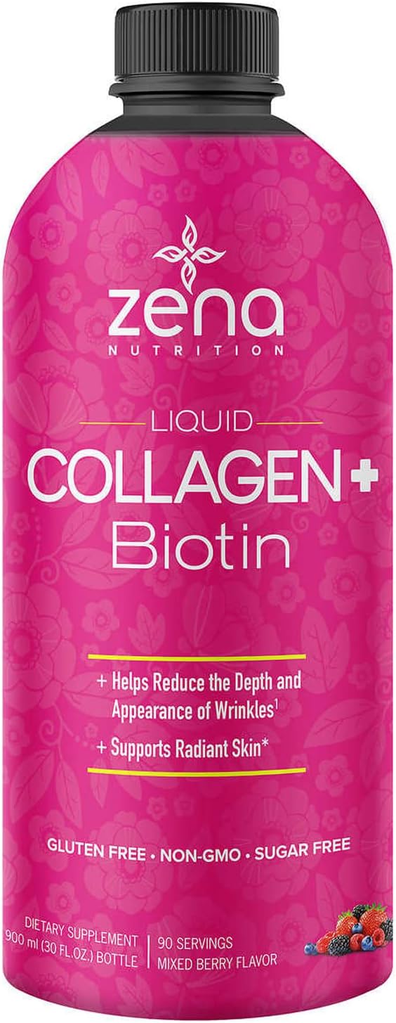 Liquid Collagen and Biotin Supplement for Hair, Skin, Nails, and Joints - 2500mg Collagen, 5000mcg Biotin, Verisol Formula - Non-GMO, Mixed Berry Flavor - 90 Servings