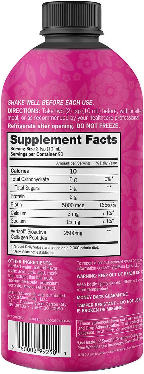 Liquid Collagen and Biotin Supplement for Hair, Skin, Nails, and Joints - 2500mg Collagen, 5000mcg Biotin, Verisol Formula - Non-GMO, Mixed Berry Flavor - 90 Servings