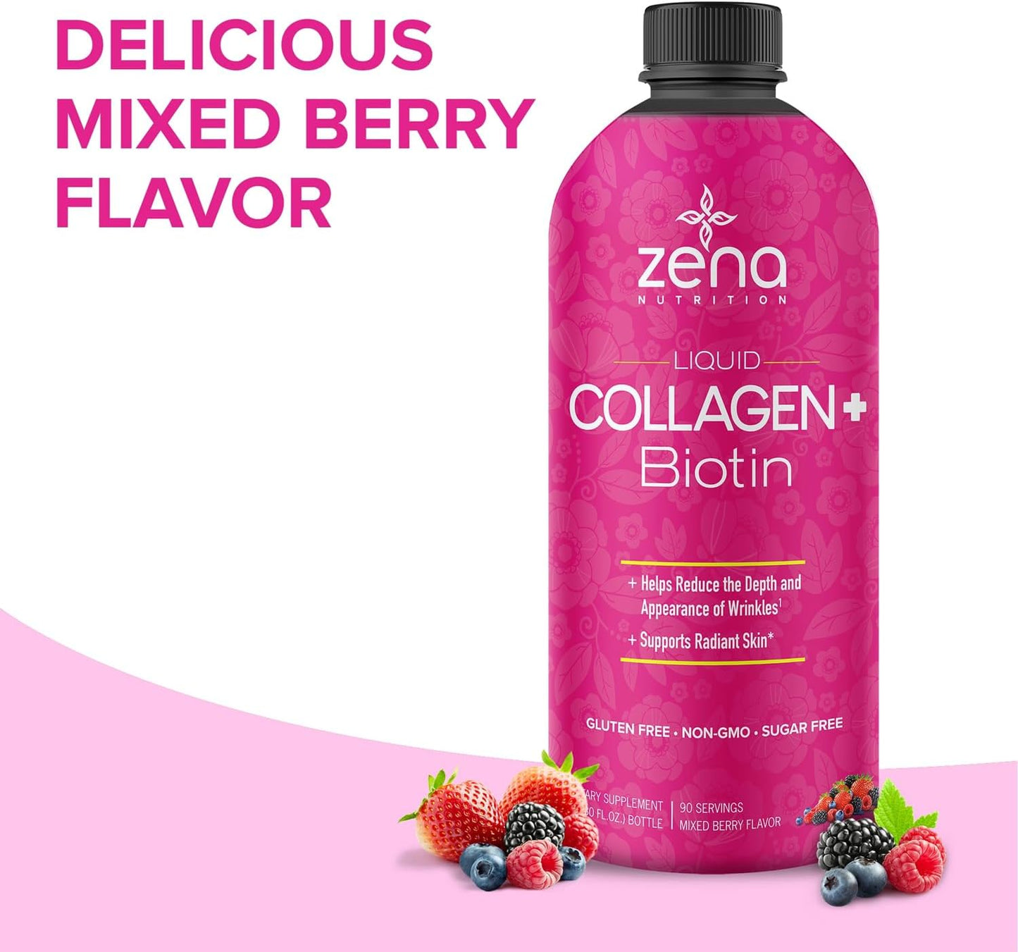 Liquid Collagen and Biotin Supplement for Hair, Skin, Nails, and Joints - 2500mg Collagen, 5000mcg Biotin, Verisol Formula - Non-GMO, Mixed Berry Flavor - 90 Servings