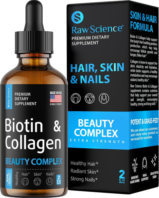 Liquid Collagen & Biotin Hair Growth Supplements - 10000mcg Biotin, 20000mcg Collagen Peptides - Hair Vitamins for Women & Men - Skin, Nail Strengthener - Made in USA - 2 floz