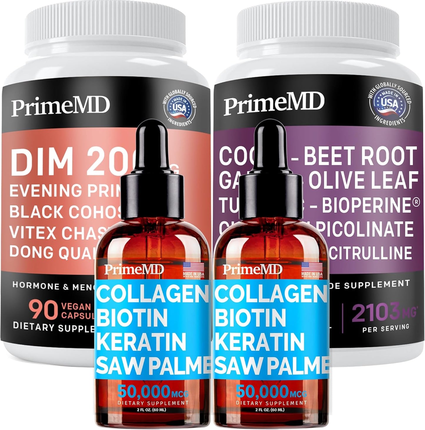 Liquid Collagen Biotin + Nitric Oxide + Menopause Support Bundle - Hair, Skin, Nails, Heart, & Hormone Vitamins - Non-GMO, Vegan, Gluten-Free - 4pk by PrimeMD