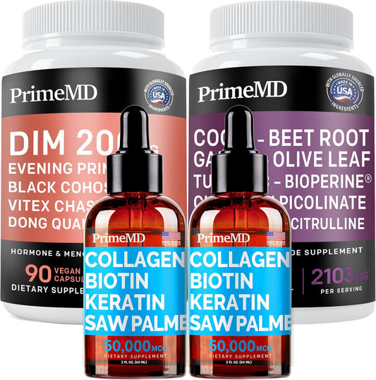 Liquid Collagen Biotin + Nitric Oxide + Menopause Support Bundle - Hair, Skin, Nails, Heart, & Hormone Vitamins - Non-GMO, Vegan, Gluten-Free - 4pk by PrimeMD