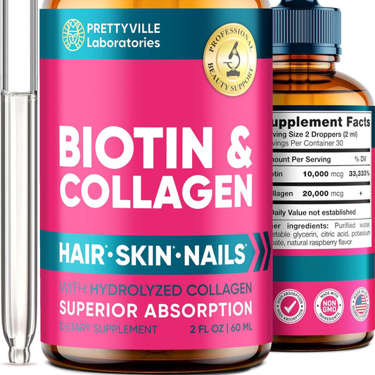 Liquid Collagen & Biotin Oil for Hair Growth, Skin, Nails - 30000mcg Hair Growth Complex - Vegan Source - Made in USA - 2 fl oz