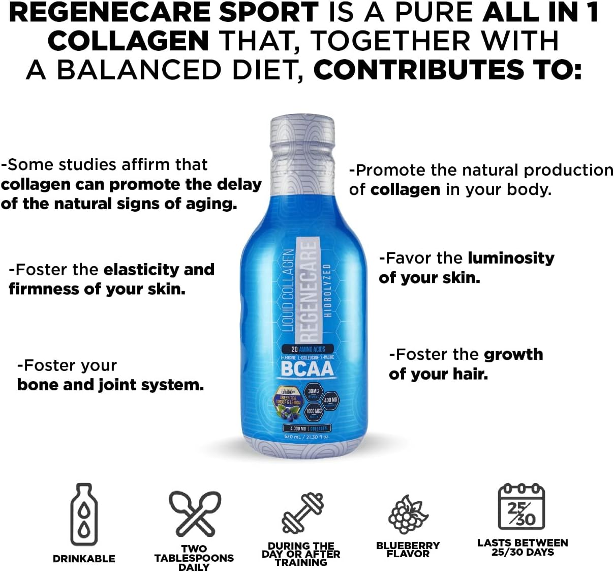 Liquid Collagen Peptides Supplement with BCAA for Hair, Skin & Nails - 630ml (21.30 fl oz) - Supports Joint, Bone, and Overall Health - Ideal for Women and Men