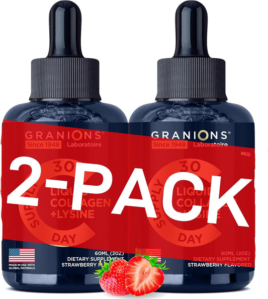 Liquid Collagen Peptides with Biotin, Lysine, and Strawberry Flavor - Hair, Skin, and Nails Support - 100,000mcg Lysine, 50,000mcg Collagen, 10,000mcg Biotin - 2-Pack 2x2oz