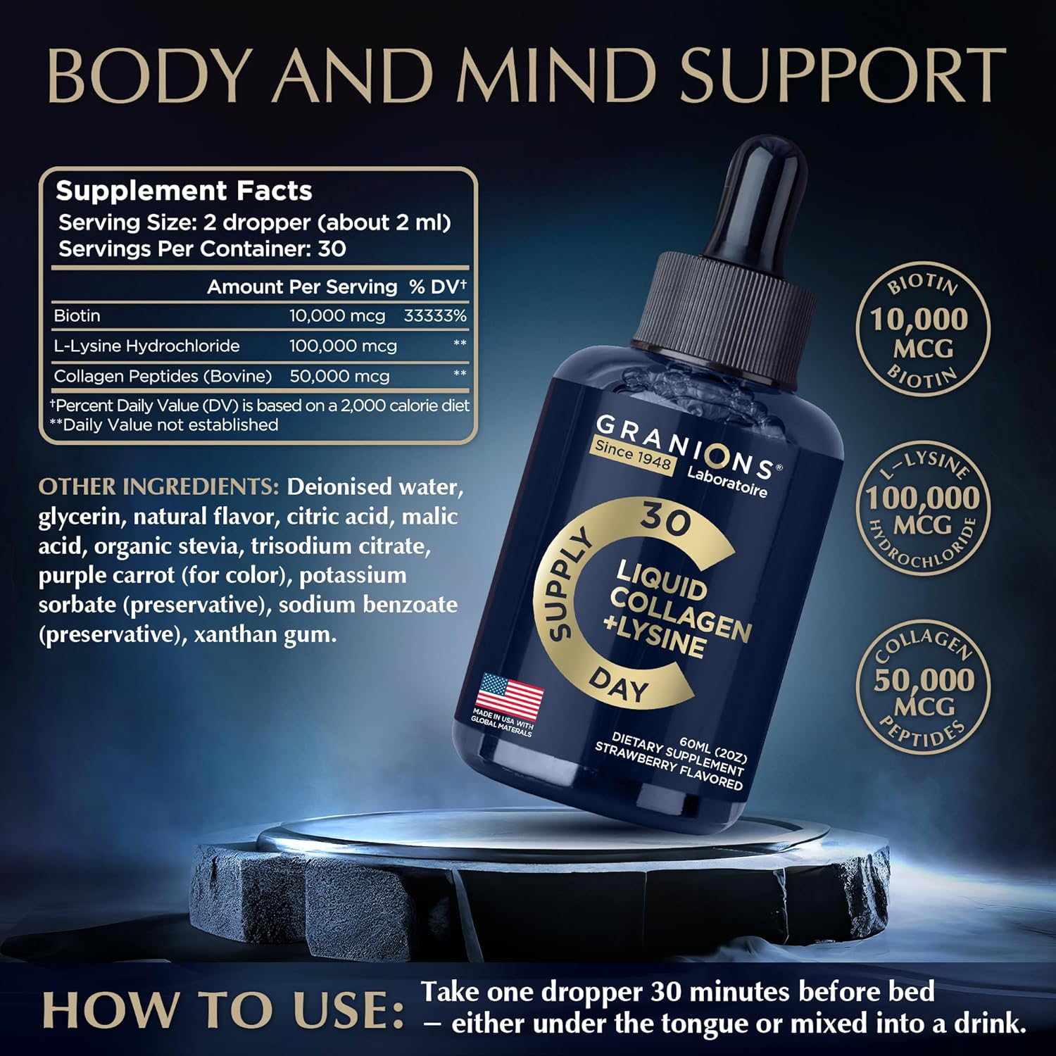 Liquid Collagen Peptides with Biotin, Lysine, and Strawberry Flavor - Hair, Skin, and Nails Support - 100,000mcg Lysine, 50,000mcg Collagen, 10,000mcg Biotin - 2-Pack 2x2oz