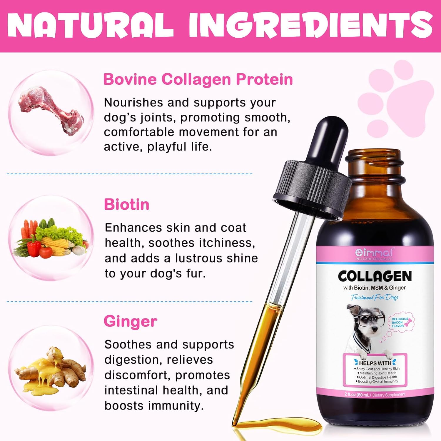 Liquid Collagen Supplement for Dogs with Biotin, MSM & Ginger - Skin and Coat Treatment - 60ml