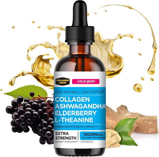 Liquid Collagen with Ashwagandha & Elderberry for Hair, Skin, Nails, Joints - High Absorption, Stress Support - 100,000mcg - 2 Oz