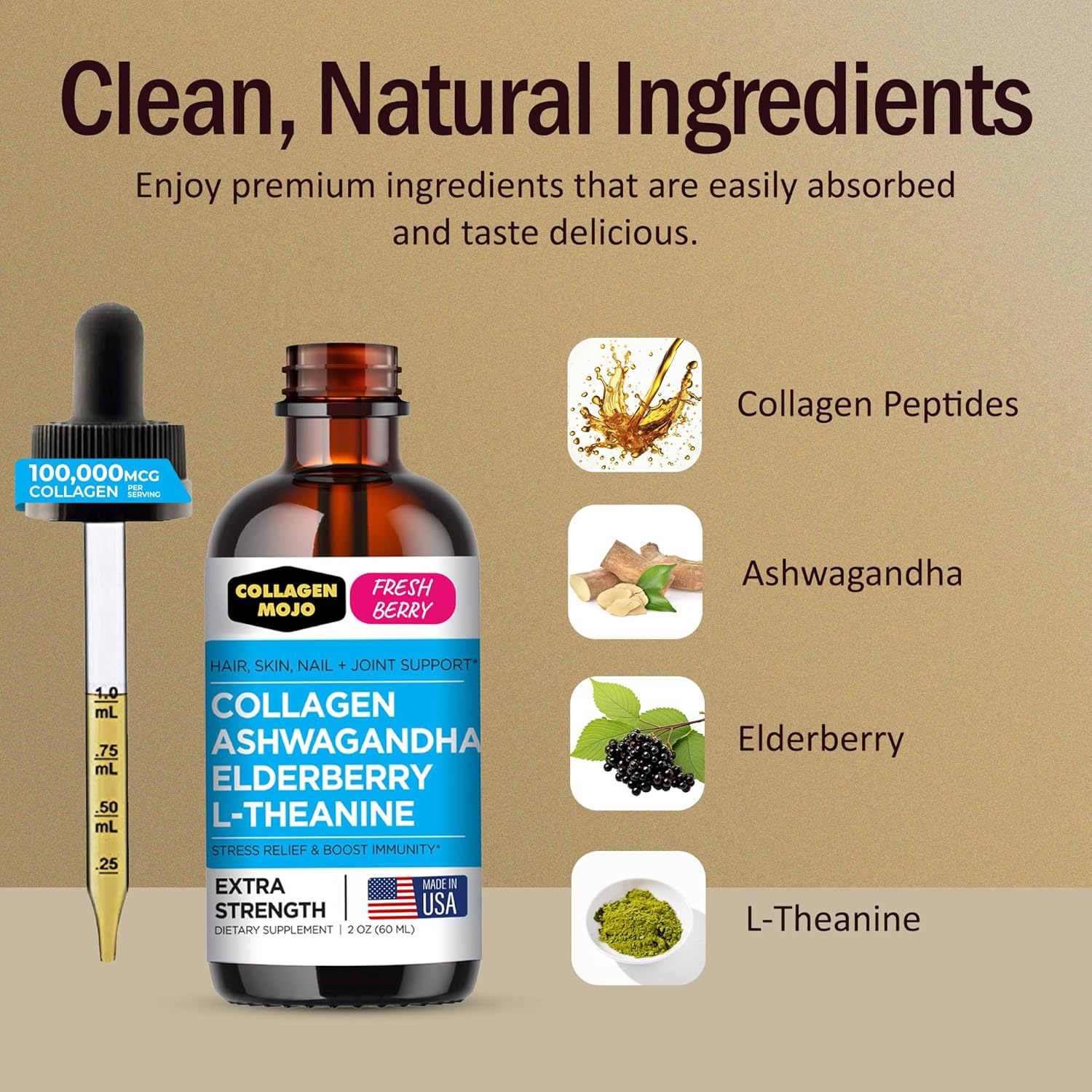 Liquid Collagen with Ashwagandha & Elderberry for Hair, Skin, Nails, Joints - High Absorption, Stress Support - 100,000mcg - 2 Oz