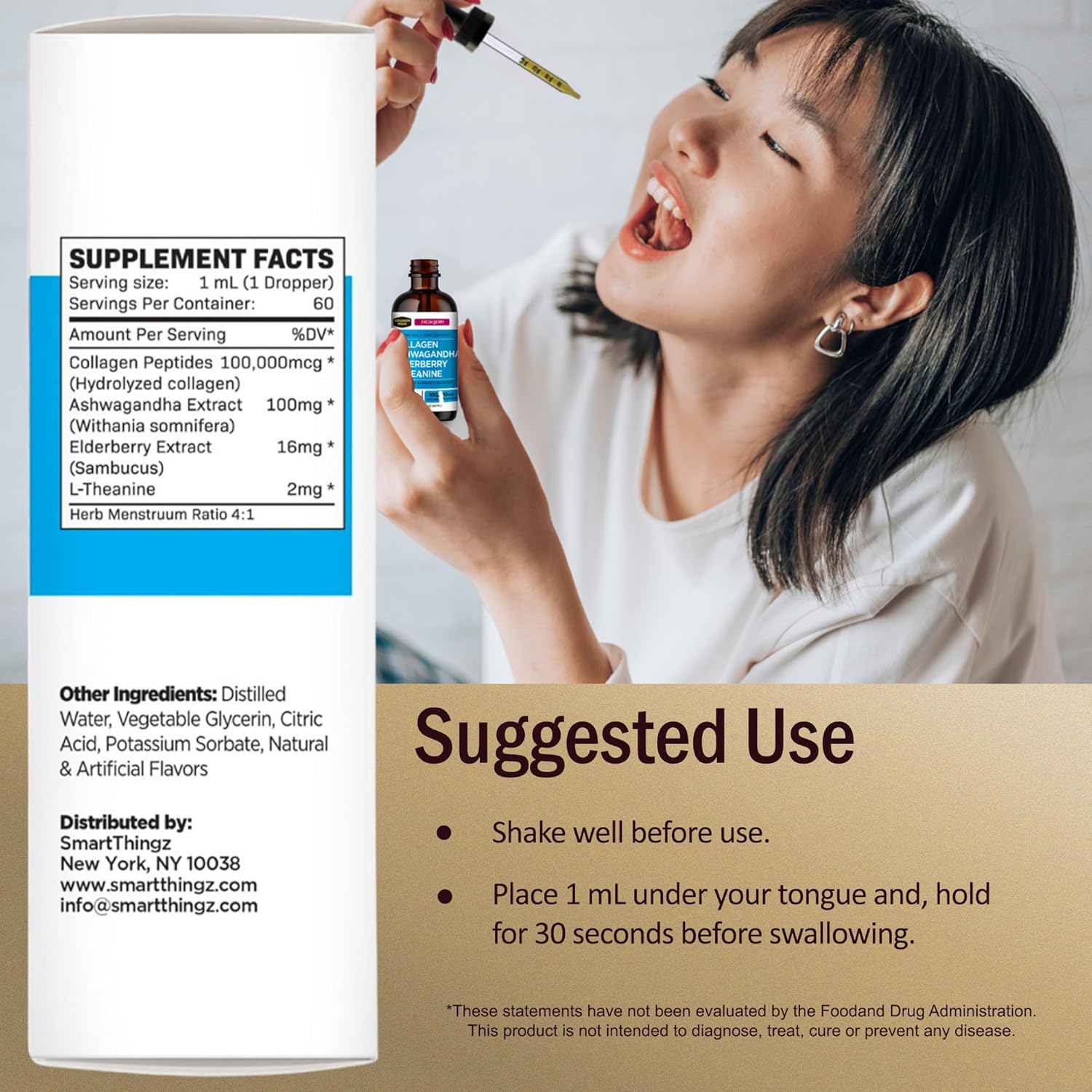 Liquid Collagen with Ashwagandha & Elderberry for Hair, Skin, Nails, Joints - High Absorption, Stress Support - 100,000mcg - 2 Oz