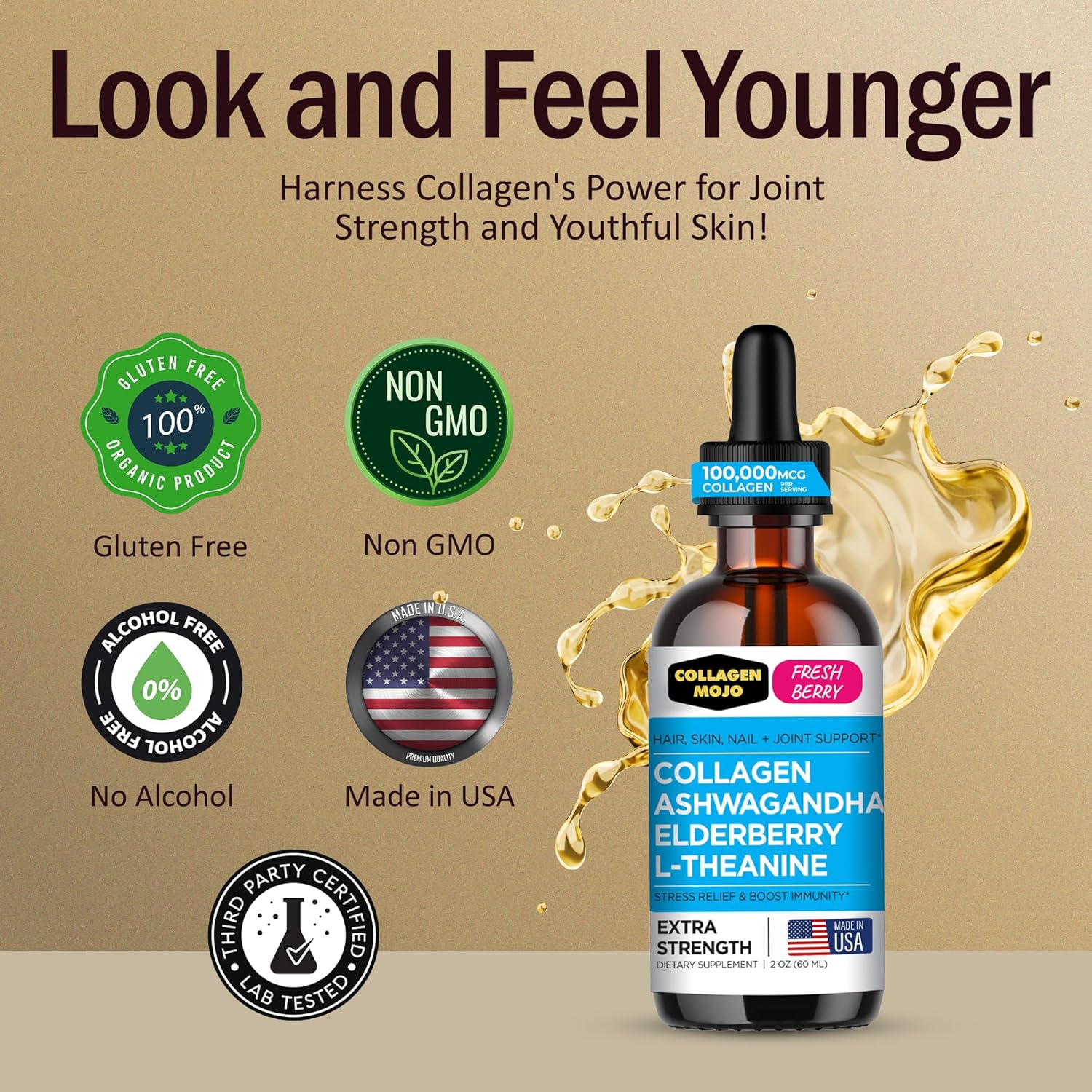 Liquid Collagen with Ashwagandha & Elderberry for Hair, Skin, Nails, Joints - High Absorption, Stress Support - 100,000mcg - 2 Oz
