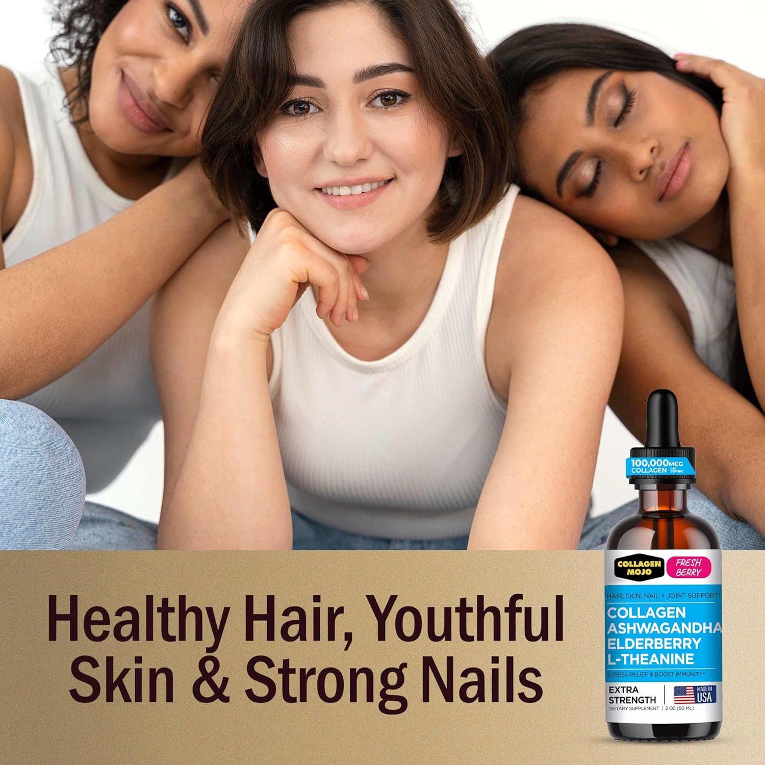 Liquid Collagen with Ashwagandha & Elderberry for Hair, Skin, Nails, Joints - High Absorption, Stress Support - 100,000mcg - 2 Oz