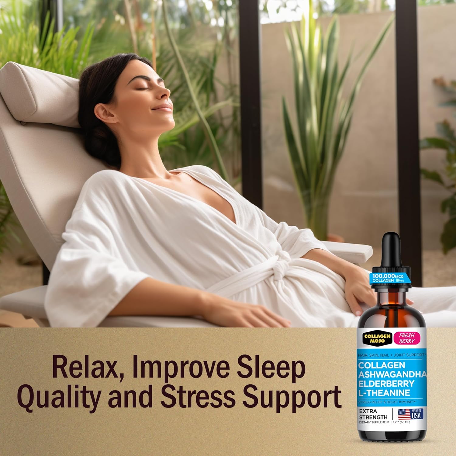 Liquid Collagen with Ashwagandha & Elderberry for Hair, Skin, Nails, Joints - High Absorption, Stress Support - 100,000mcg - 2 Oz