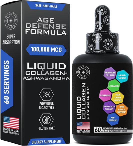 Liquid Collagen with Ashwagandha for Skin, Hair, Nails, Immune Support - 100,000mcg Bovine Collagen, 100mg Ashwagandha - 2oz Drops