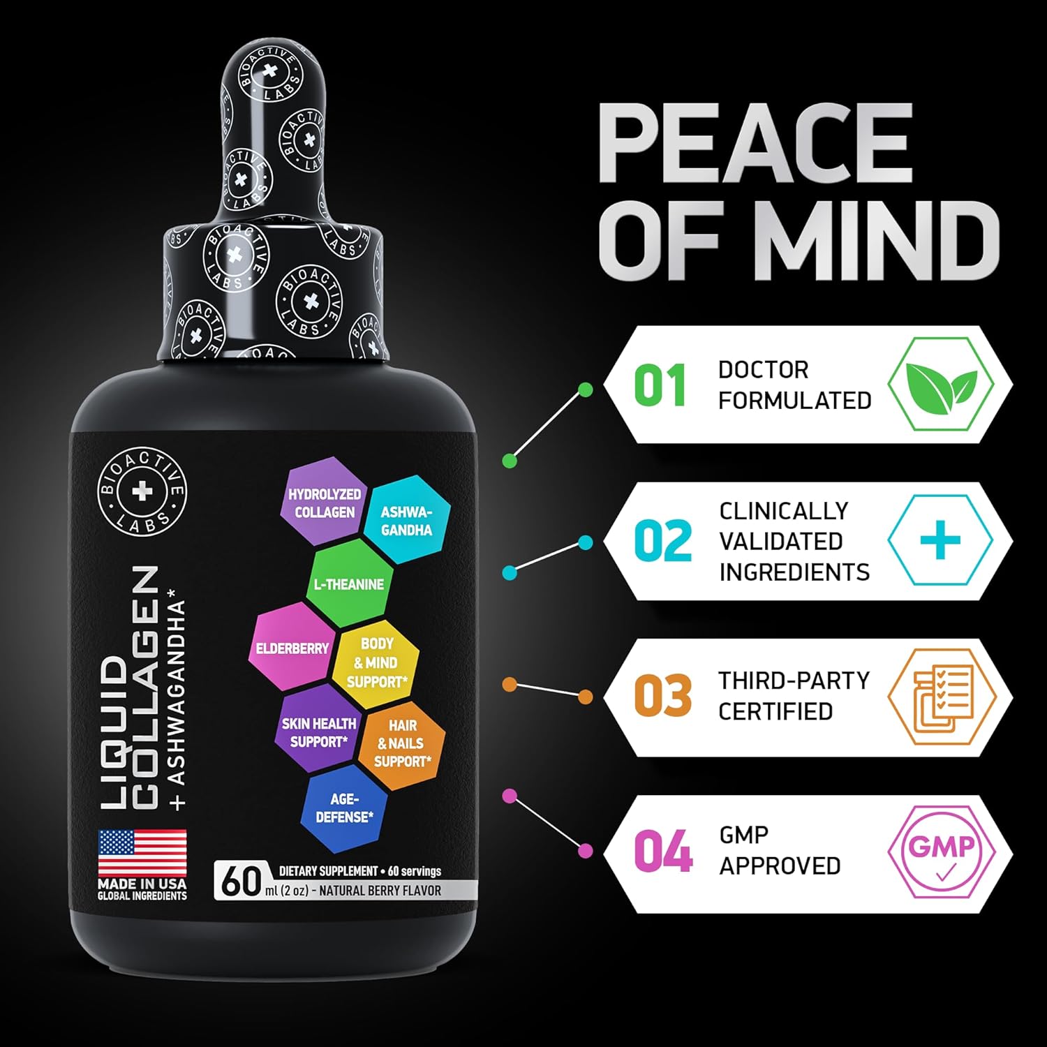 Liquid Collagen with Ashwagandha for Skin, Hair, Nails, Immune Support - 100,000mcg Bovine Collagen, 100mg Ashwagandha - 2oz Drops