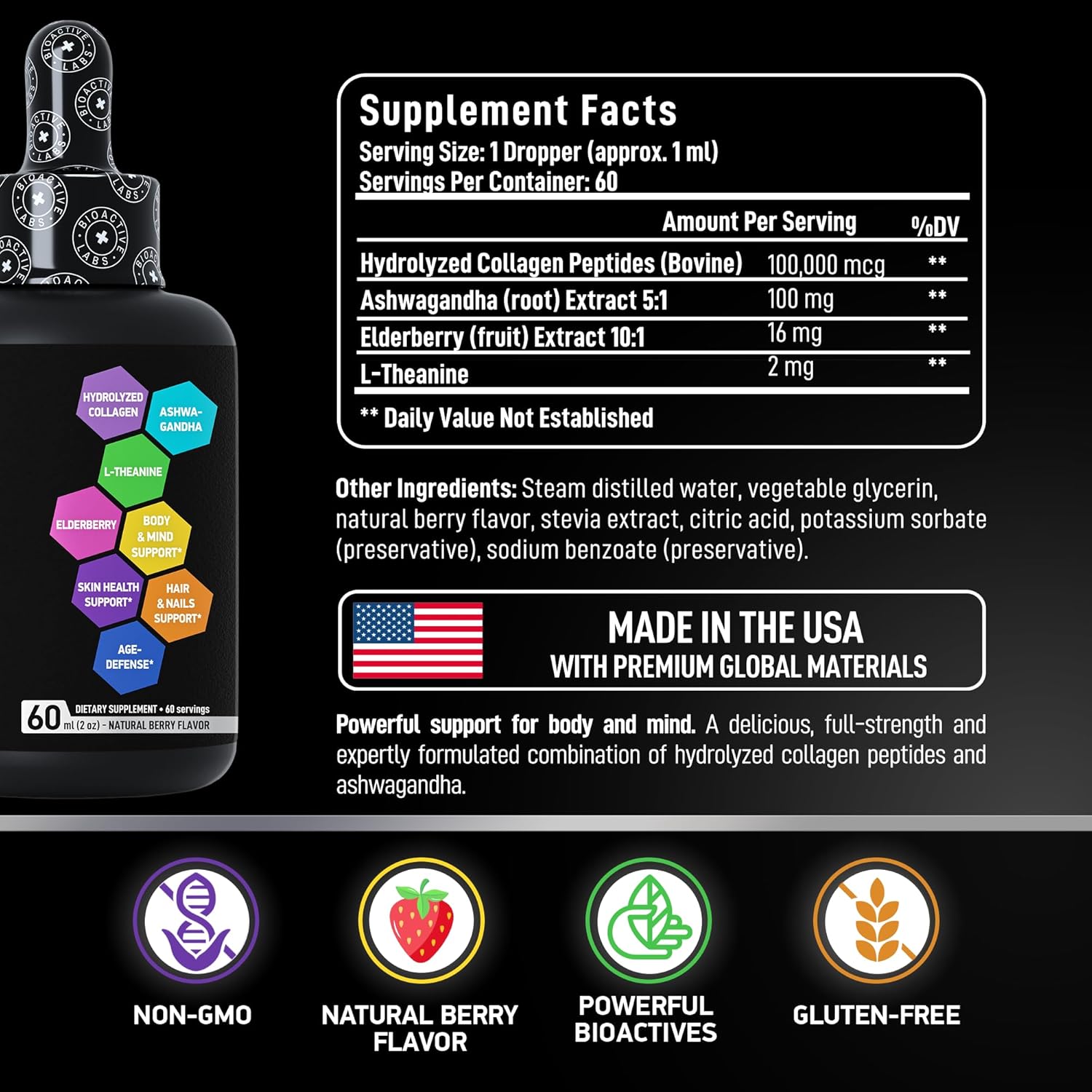 Liquid Collagen with Ashwagandha for Skin, Hair, Nails, Immune Support - 100,000mcg Bovine Collagen, 100mg Ashwagandha - 2oz Drops