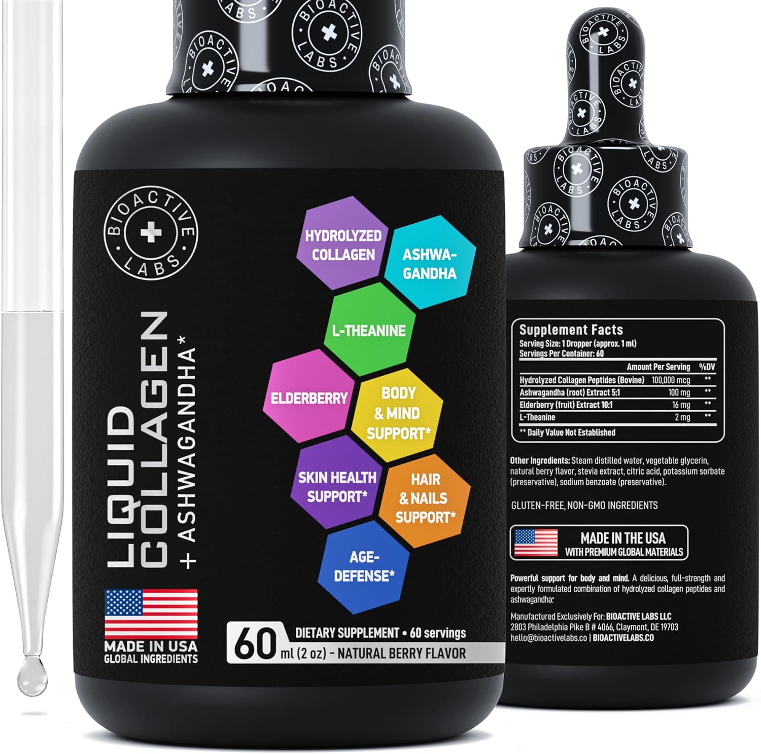 Liquid Collagen with Ashwagandha for Skin, Hair, Nails, Immune Support - 100,000mcg Bovine Collagen, 100mg Ashwagandha - 2oz Drops