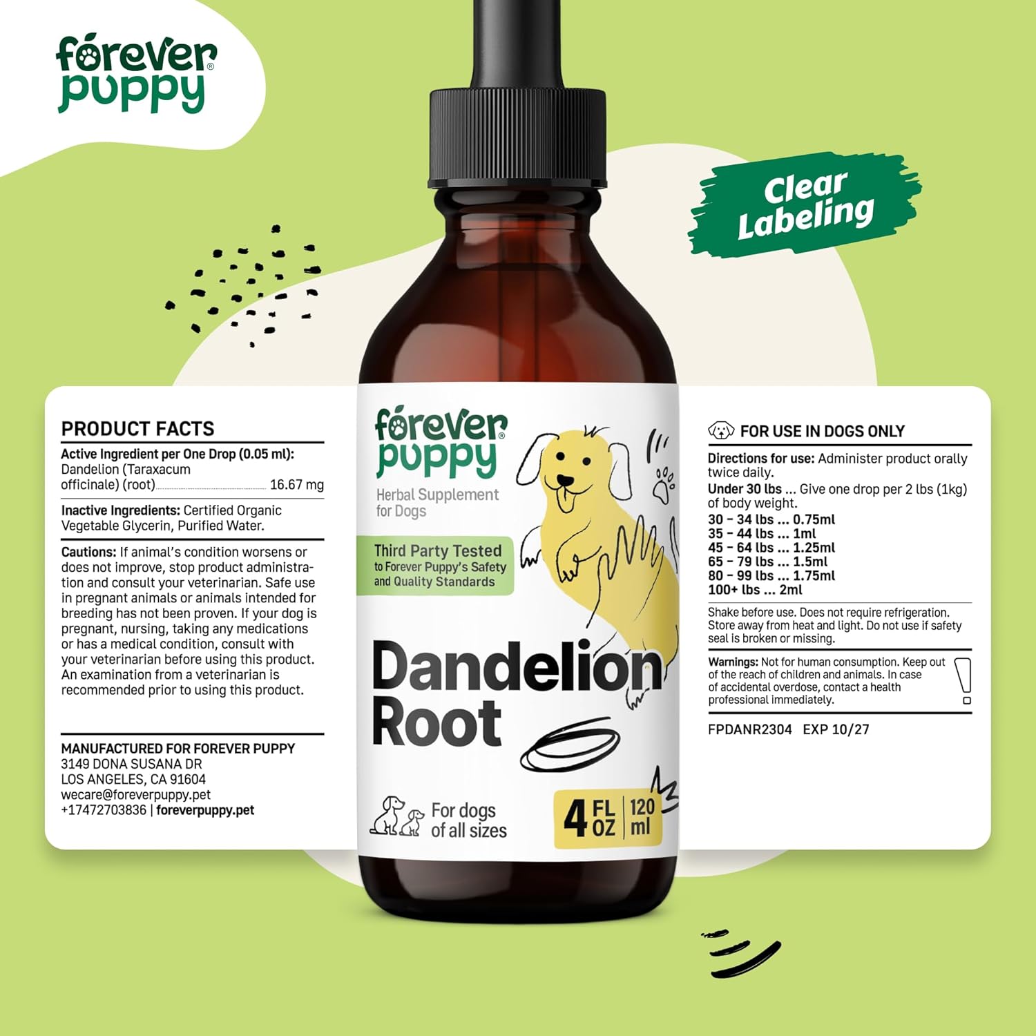 Liquid Dandelion Root Kidney Health Supplement for Dogs - Cleansing Drops for Large, Medium, Small Breeds - Detox Formula with Dandelion Extract - 4 oz Bottle