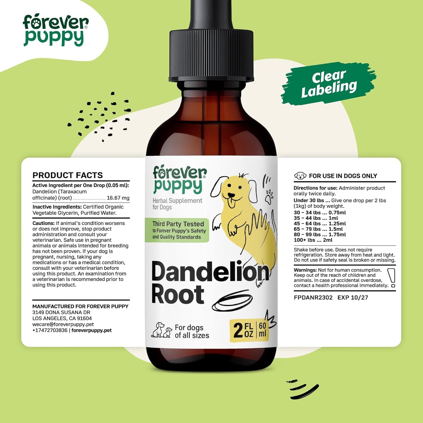Liquid Dandelion Root Kidney Health Supplement for Dogs - 2 oz - Large, Medium & Small Breed Kidney Cleanse Drops - Detox with Dandelion Root Extract