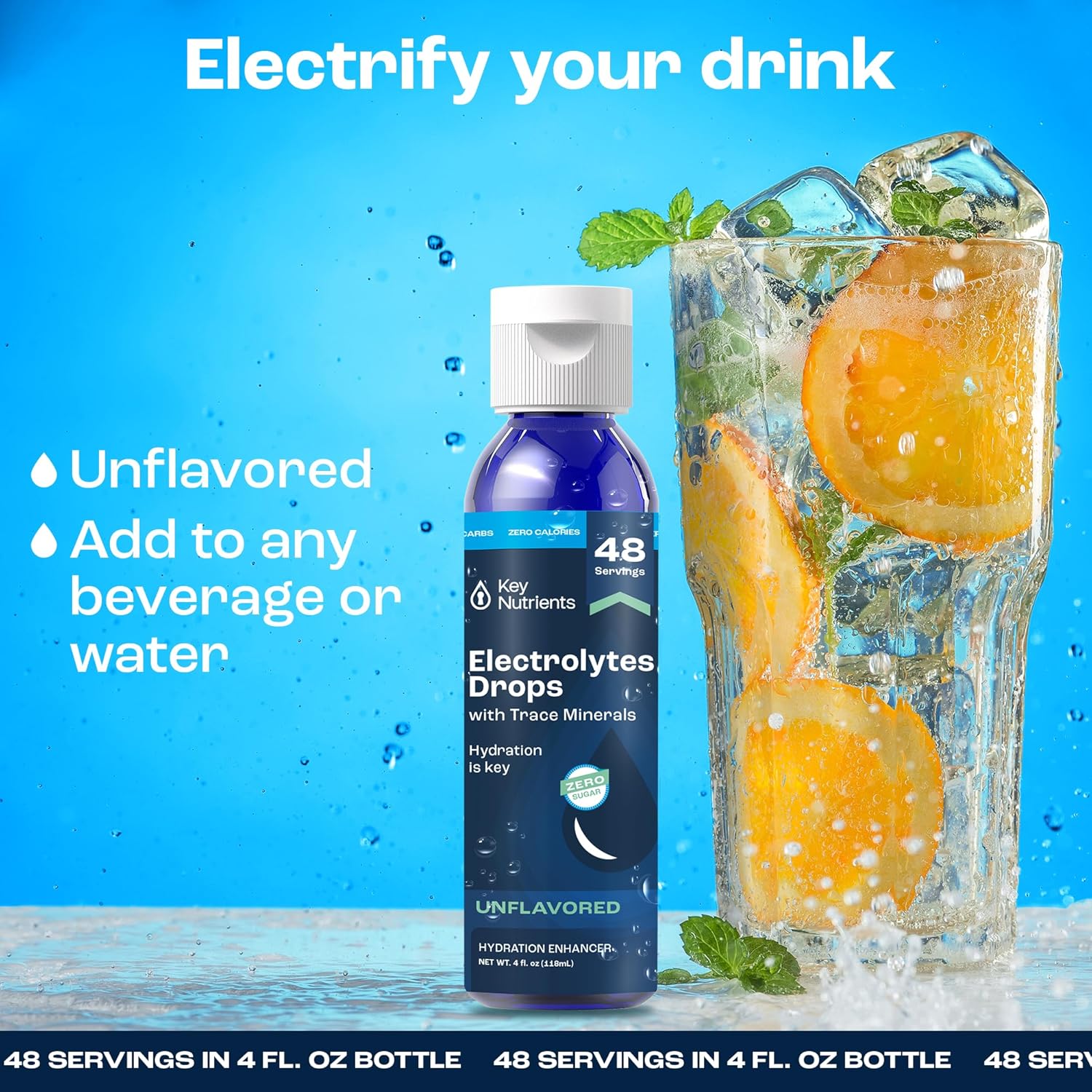 Liquid Electrolytes with 72 Trace Minerals for Rapid Hydration and Muscle Recovery - 4oz Unflavored Drops for Drinking Water, Post-Workout Sodium Supplement - 48 Servings