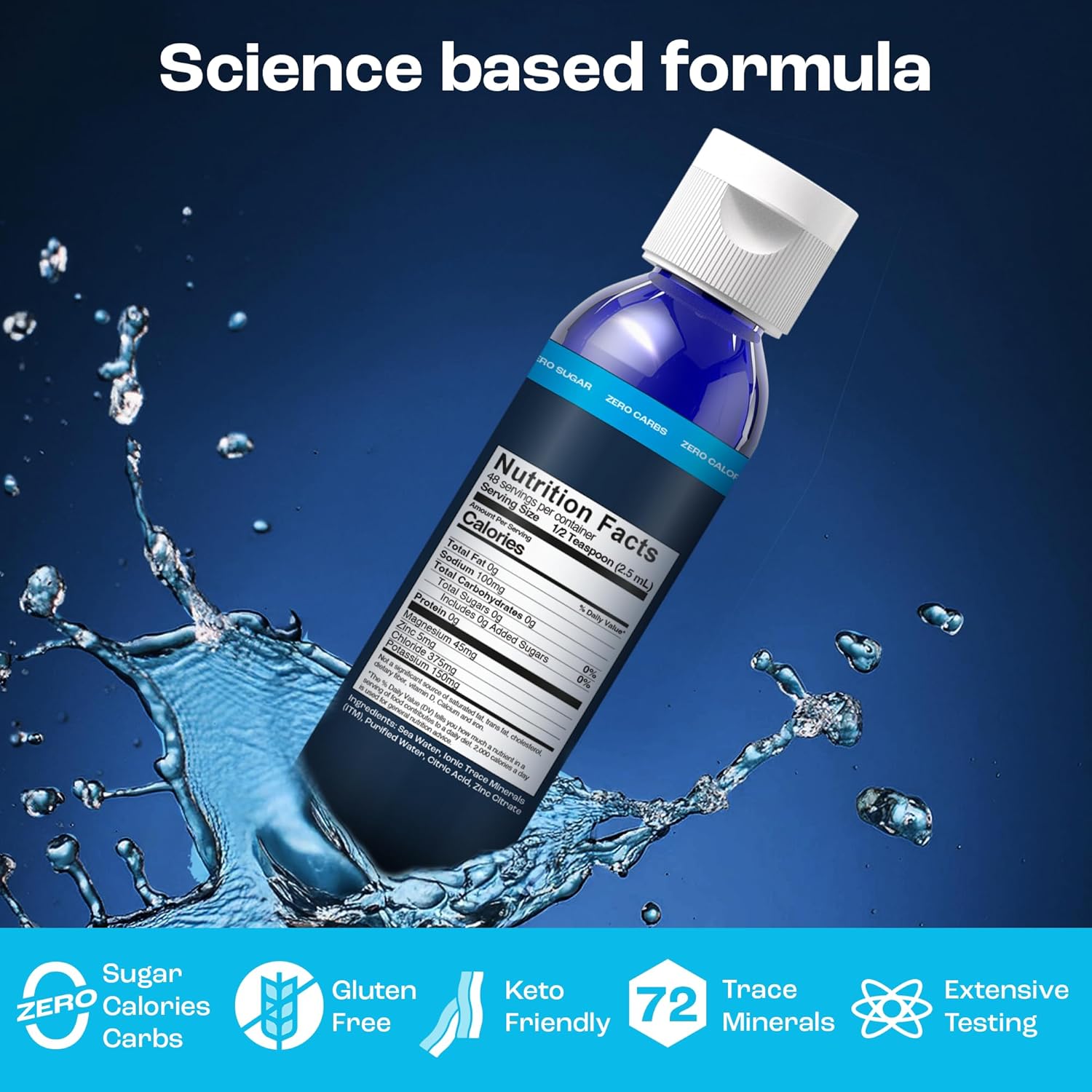 Liquid Electrolytes with 72 Trace Minerals for Rapid Hydration and Muscle Recovery - 4oz Unflavored Drops for Drinking Water, Post-Workout Sodium Supplement - 48 Servings